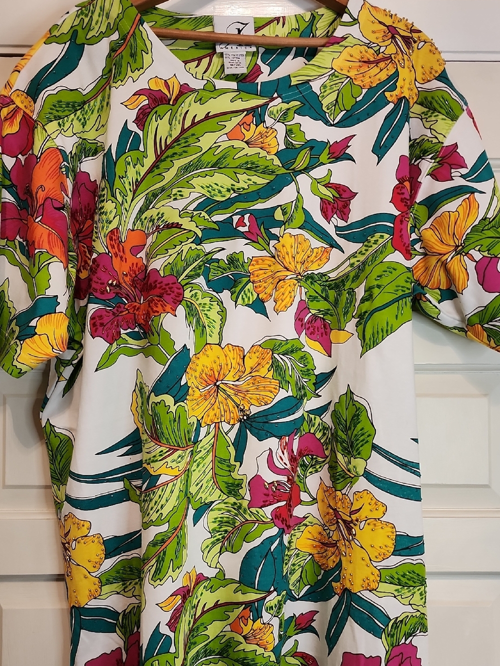LANE Bryant Tropical Floral Top Shift Dress-Yellow Green Pink Gold ,green beads